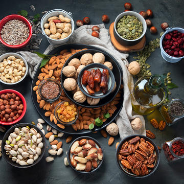 Schalen voller Nüsse und Samen liegen dekorativ auf dunklem Tisch mit Tuch und Ölflasche.